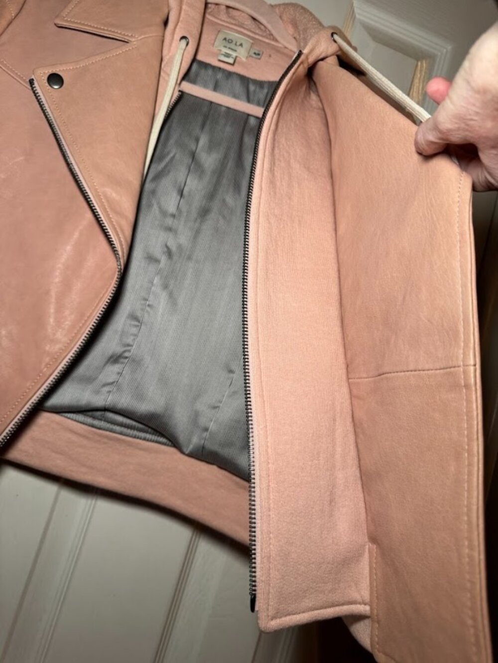 NWOT Alice + Olivia AO.LA Avril Hooded 100% Leather Biker Jacket Barbie Pink - M - Picture 11 of 16